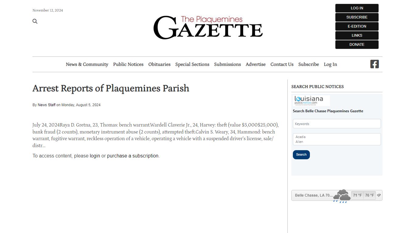 Arrest Reports of Plaquemines Parish | The Plaquemines Gazette