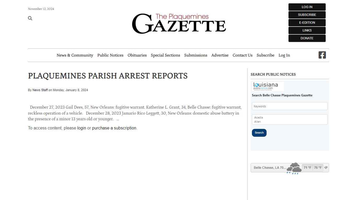 PLAQUEMINES PARISH ARREST REPORTS