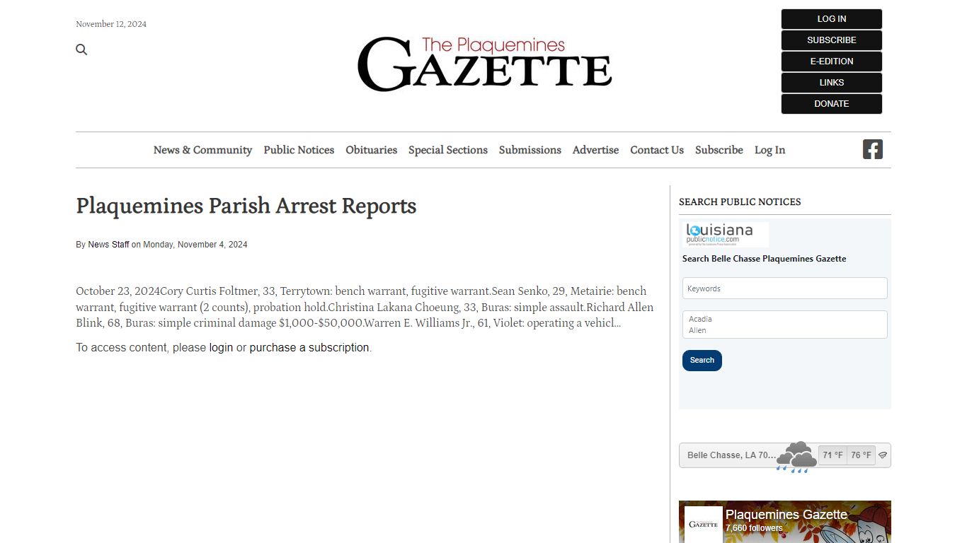 Plaquemines Parish Arrest Reports | The Plaquemines Gazette